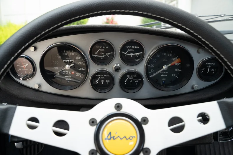 Instrument cluster of a 1973 Ferrari Dino 246 GT during evaluation